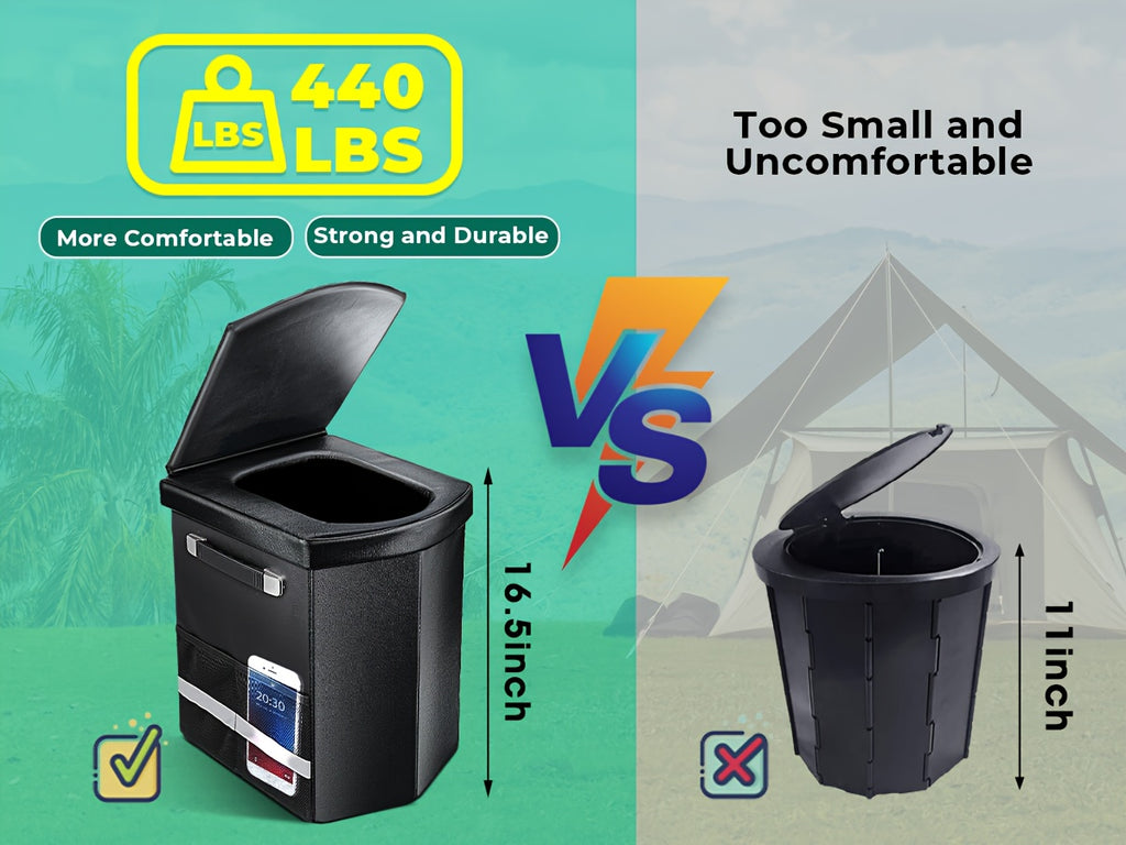 XL Camping Toilet for Adults, 16.5-Inch Tall Portable Potty with Lid and Carry Bag, Black Side Mesh Pocket and Handle for Outdoor Trips