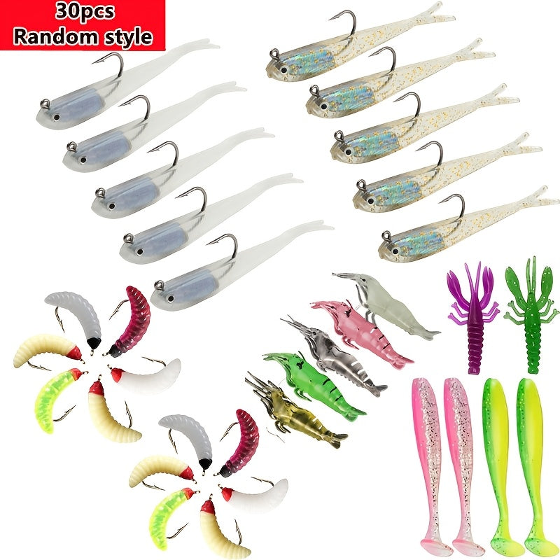 30-Piece Assorted Soft Fishing Baits with Hooks