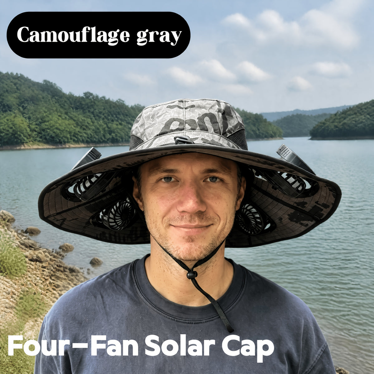 4-Fan Solar Powered Sun Hat with Wide Brim, USB Charging and 3 Adjustable Speeds for Fishing, Hiking and Summer Outdoor Activities
