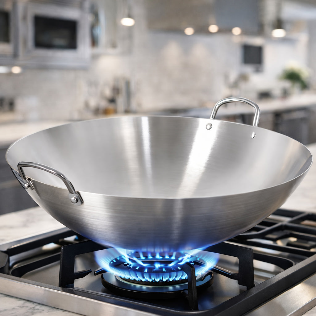 Stainless Steel Stir Fry Wok with Double Handles, Heavy-Duty Cooking Pan for Sautéing, Boiling and Braising at Home or Camping