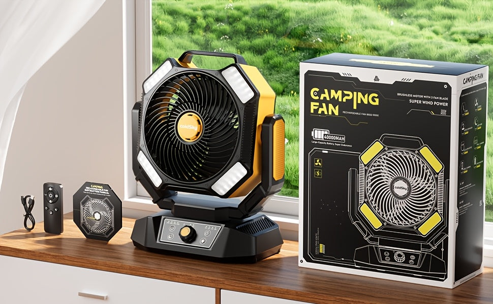 40000mAh Camping Fan with Remote Control and 4-Mode LED Light, USB Rechargeable Portable Desktop Fan for Tents and Power Outages, No Adapter