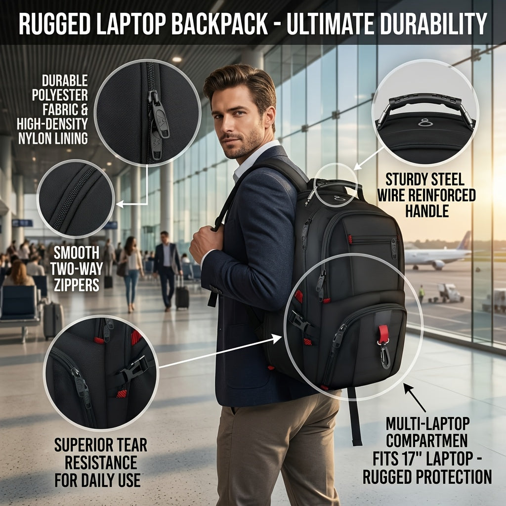 17-Inch Laptop Travel Backpack with Three Main Compartments, Padded Computer Storage and Mesh Shoulder Straps for College, Work and Weekend Trips