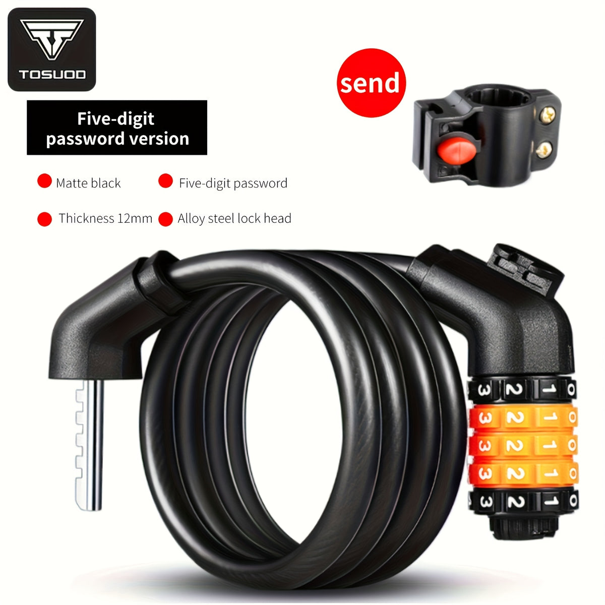 5-Digit Combination Bike Lock by TOSUOD, Coiled Cable in 49.21 or 59.06 Inch Options for Bicycles, Scooters and Motorcycle Parking