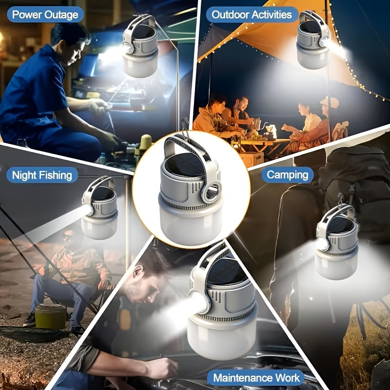 6-Mode Solar Camping Light with USB-C Charging, Hanging Hook and Battery Display, Portable Rechargeable LED Lamp with Phone Backup Power