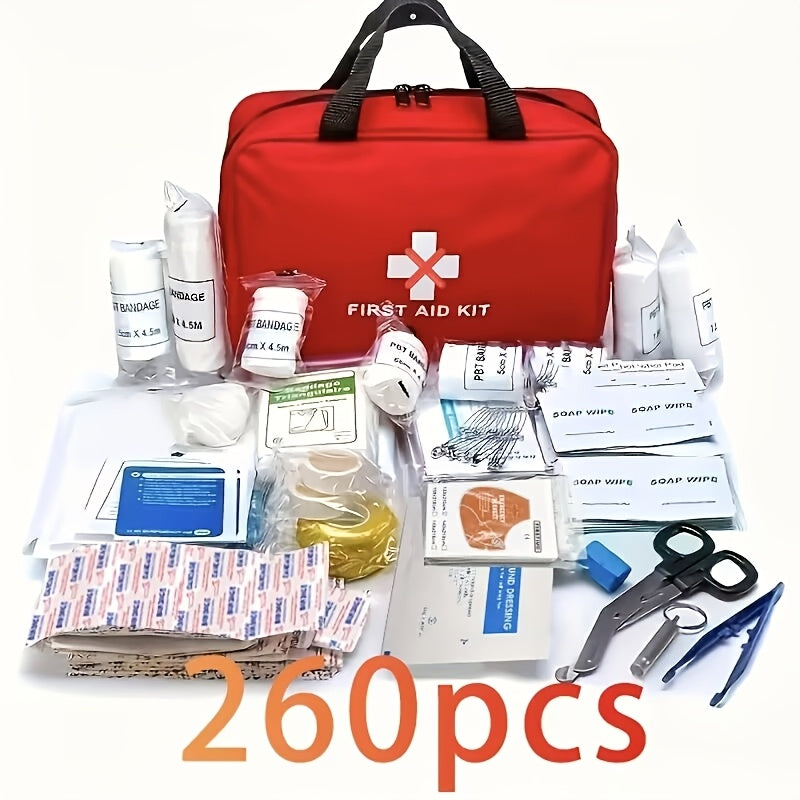 First Aid Kit with Emergency Foil Blanket, Scissors, Bandages and Adhesive Bandages, Compact Portable Supply Set for Home and Car Preparedness