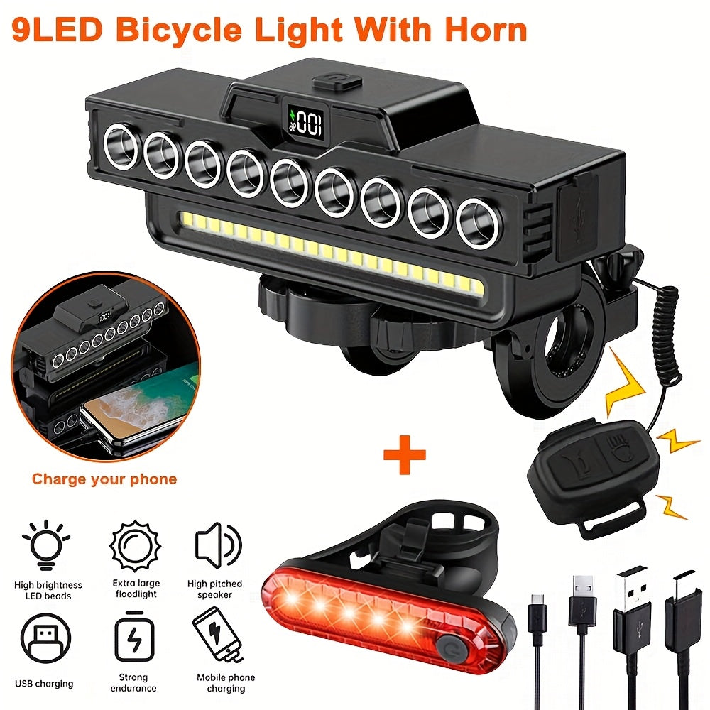 Bicycle Front Light with Digital Display, 9 LEDs and 7 Lighting Modes, USB Rechargeable 4000mAh Headlight with Set Option for Night Riding