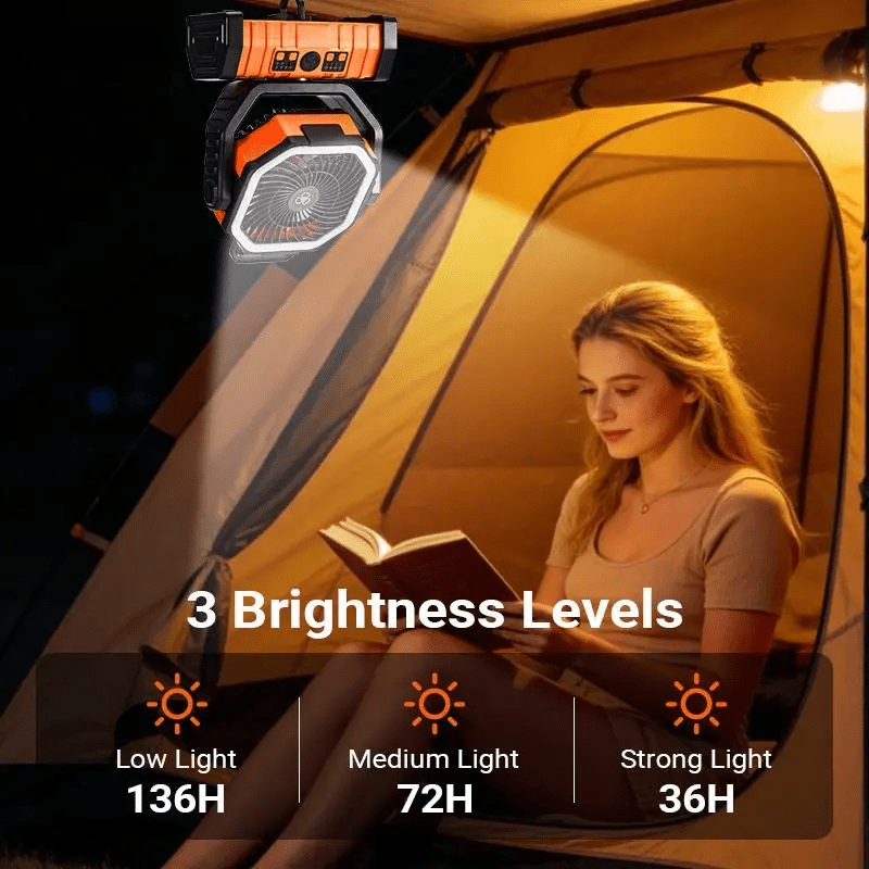 4-Speed Camping Fan with 20000mAh Battery, USB-C Charging and 16 LED Lights, Portable 90-Degree Rotating Tent Fan with Device Charging Outputs