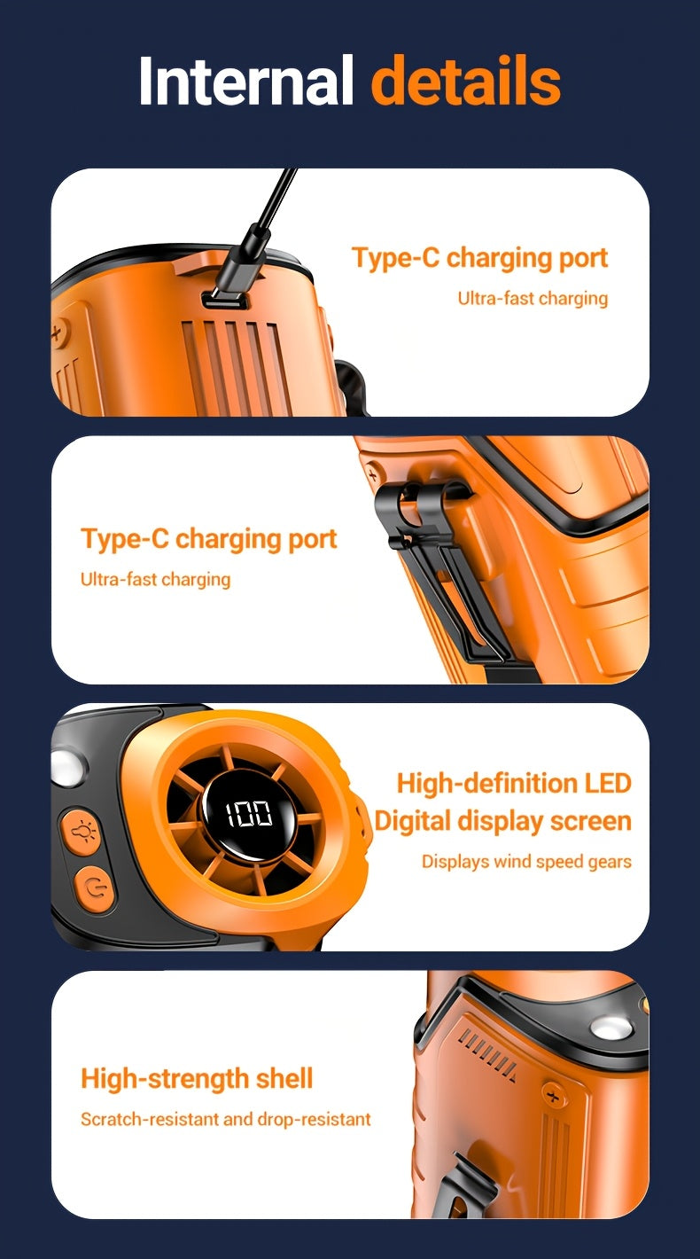 4-in-1 Waist Fan with Flashlight and USB Charger, 3600mAh Rechargeable Wearable Neck Fan with 4 Speeds and 5 Blades for Outdoor Use