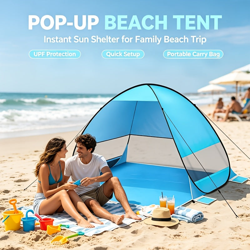Beach Sun Shade Tent with Quick Pop-Up Setup and Ventilation Windows, Portable Outdoor Shelter in Beige, Blue or Green for Family Beach Days and Camping