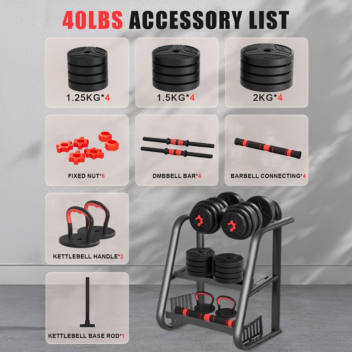 5-in-1 Adjustable Dumbbell Weight Set for Home Gym Strength Training, Dumbbell, Barbell, Kettlebell and Push-Up Rack Configurations for Men and Women
