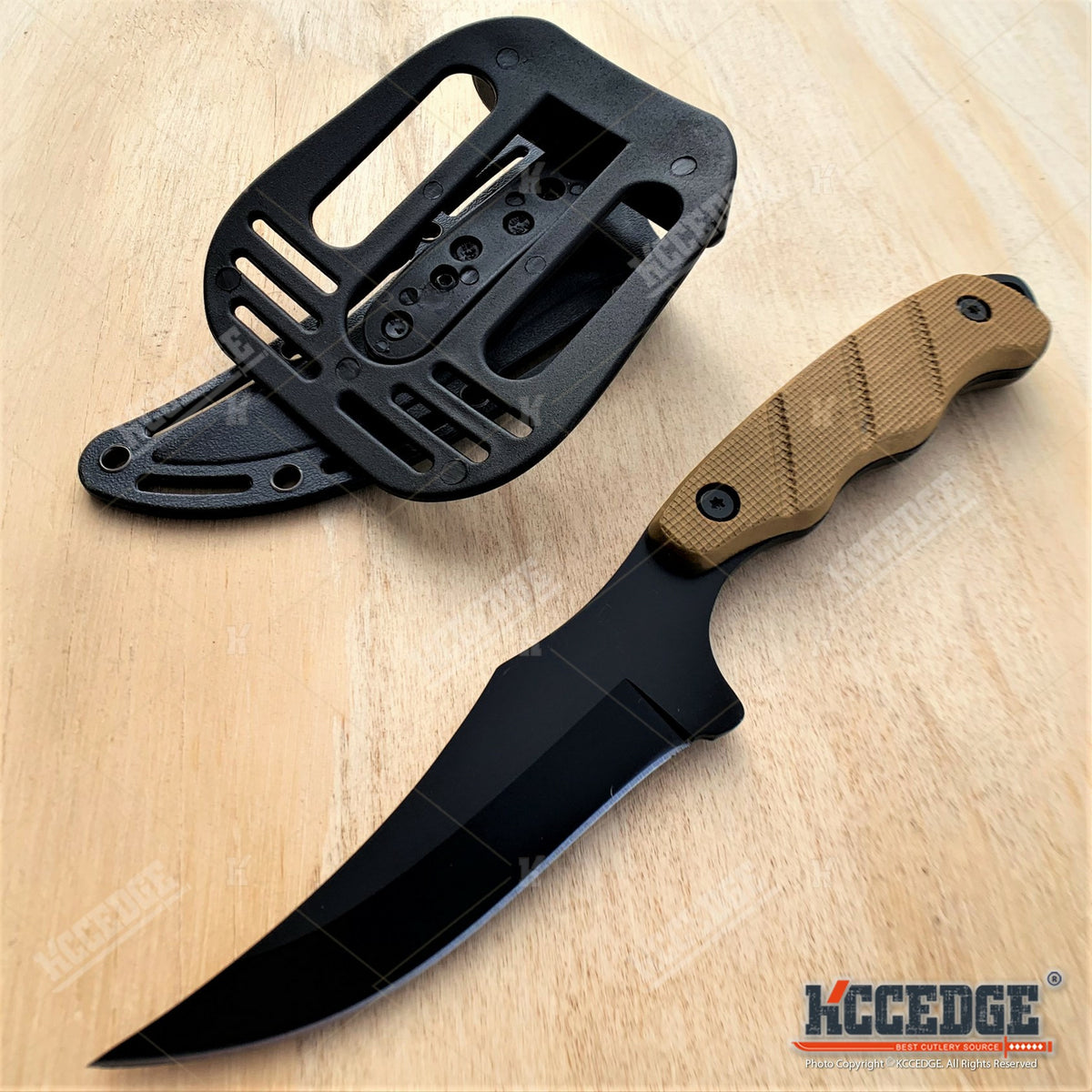 Trailing Point Hunting Knife, 9-Inch Listed Full Tang Fixed Blade with Stainless Steel Construction for Adult Outdoor Cutting, Black Silver or Desert Tan