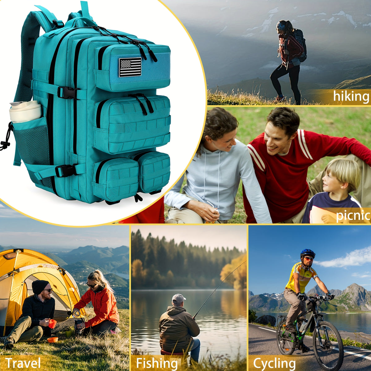Army Green Hiking Backpack with Listed 13.21-Gallon Capacity, Unisex Outdoor Daypack for Camping Trips, Travel and Sports Outings
