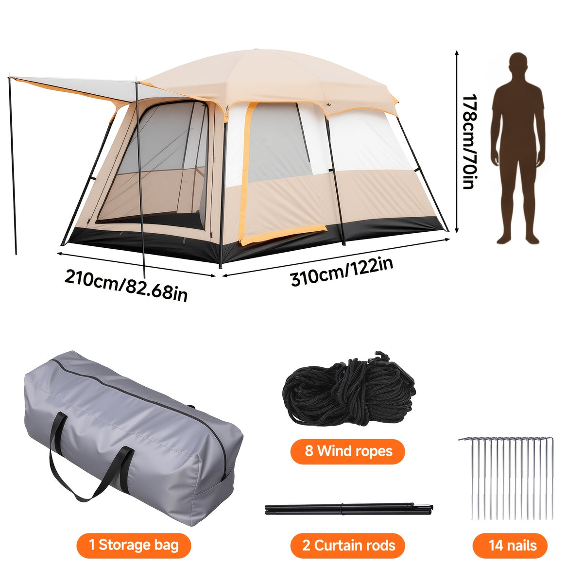 4–6 Person Camping Tent in Quicksand Golden, Portable Outdoor Shelter with Listed Sunshade and Mosquito Protection for Family and Group Campsite Trips
