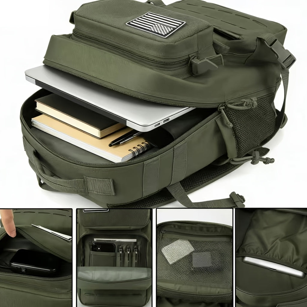 MOLLE Travel Backpack 6.6 Gallon, Tactical-Style Daypack with 180° Flat Opening, Laptop Compartment and Dual Cup Holders for Hiking and Gym Trips
