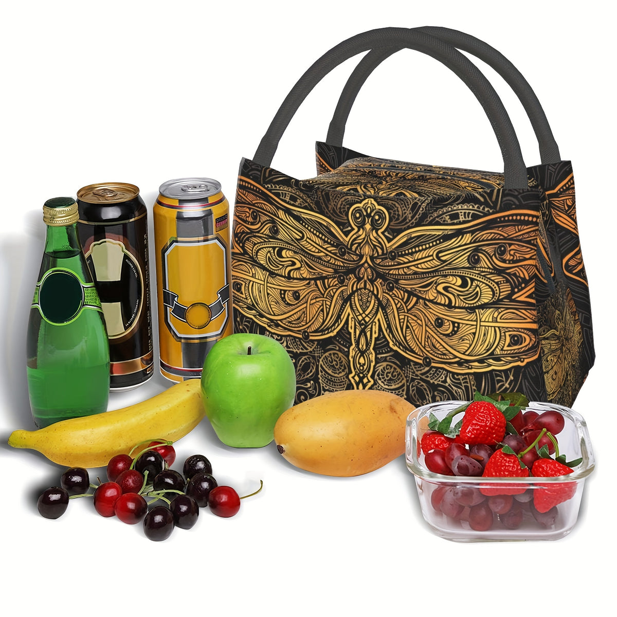 Mandala Dragonfly Insulated Cooler Bag, Reusable 11 x 6.5 x 7 Inch Lunch Carrier for Office Meals, Picnics, Beach Outings and Everyday Use