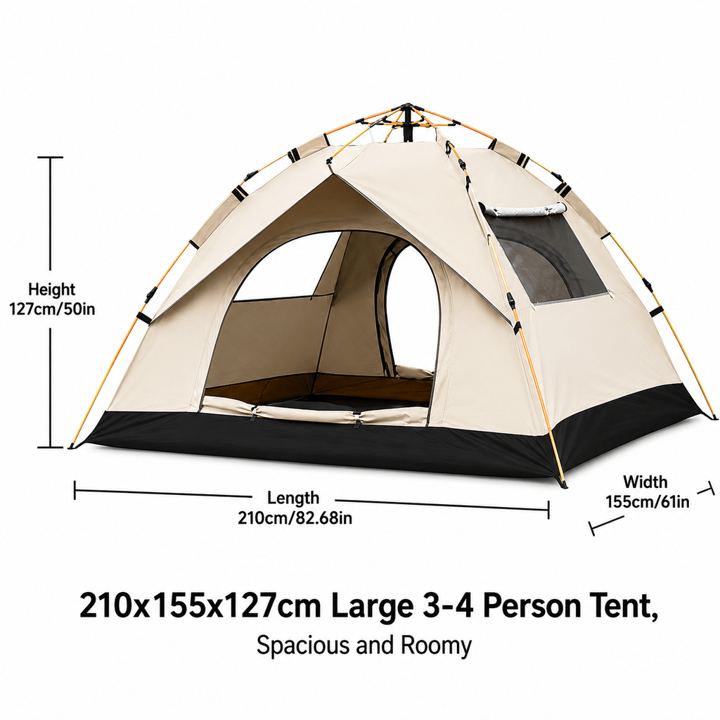 3–4 Person Instant Camping Tent with Two Doors, Quick-Setup Outdoor Shelter in Two-Window or No-Window Models, 82.68 x 61 x 50 in