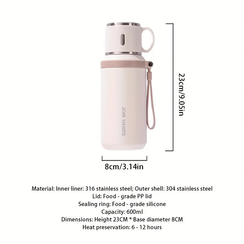 Vacuum Insulated Water Bottle 20.29 oz, 600ml 316 Stainless Steel Flask with Handled Cup Lid and Cleaning Brush Sets for Travel, Office and Outdoor Days