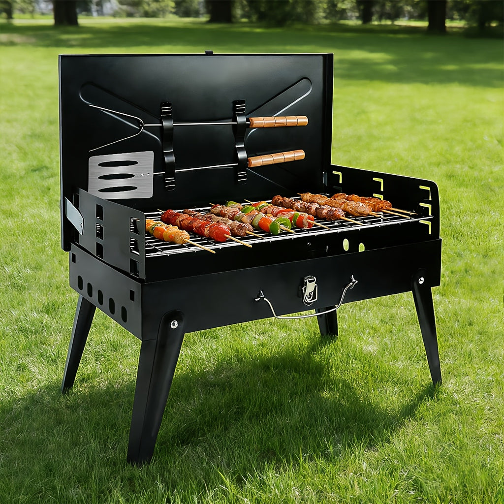 Compact Charcoal BBQ Grill in Black, Folding Portable Outdoor Cooker for Camping, Tailgating, Beach Cookouts and Backyard Gatherings