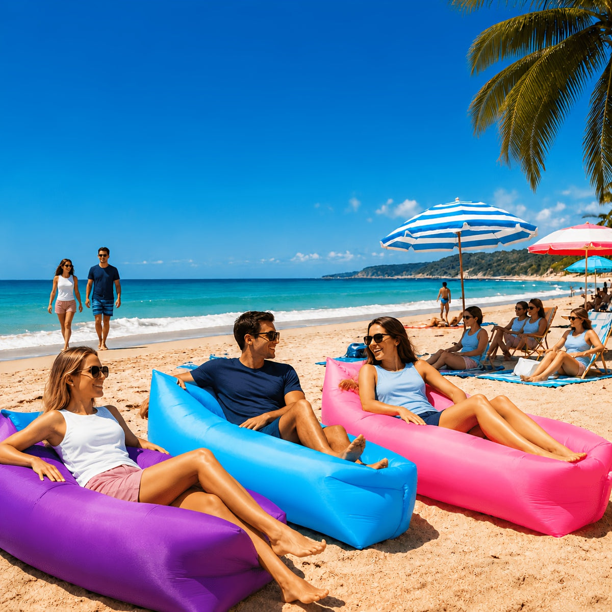 Inflatable Lounger Sofa Bed for One Person, Portable Foldable Polyester Air Cushion with Storage Bag for Camping and Beach Relaxation