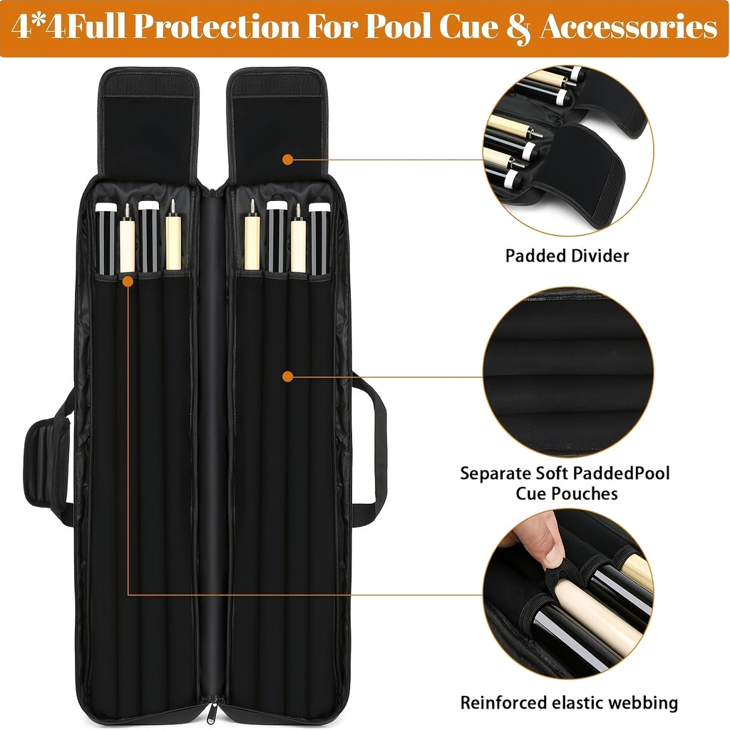 4x4 Pool Cue Case with Hidden Backpack Strap, Billiard Travel Bag Holds 4 Butts and 4 Shafts with Large Front Accessory Pockets for Gear Storage
