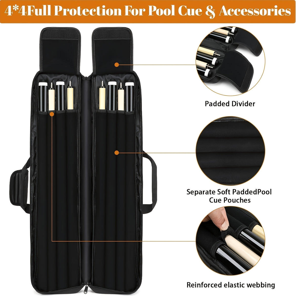 4x4 Pool Cue Case with Hidden Backpack Strap, Billiard Travel Bag Holds 4 Butts and 4 Shafts with Large Front Accessory Pockets for Gear Storage