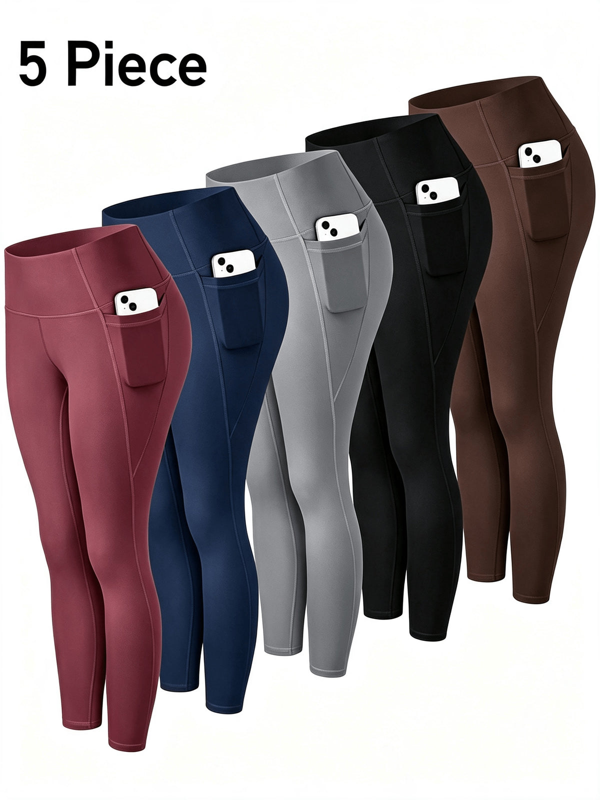Side-Pocket Workout Leggings for Women, 5-Pack Mixed-Color High-Waisted Stretch Yoga Pants with Soft Feel for Gym, Pilates and Everyday Active Outfits