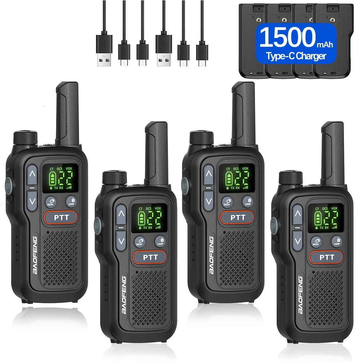 22-Channel FRS Walkie Talkies for Adults, BAOFENG Two-Way Radios with LCD Display, VOX and USB-C Lithium-Ion Battery Features, 2 or 4 Pack for Camping