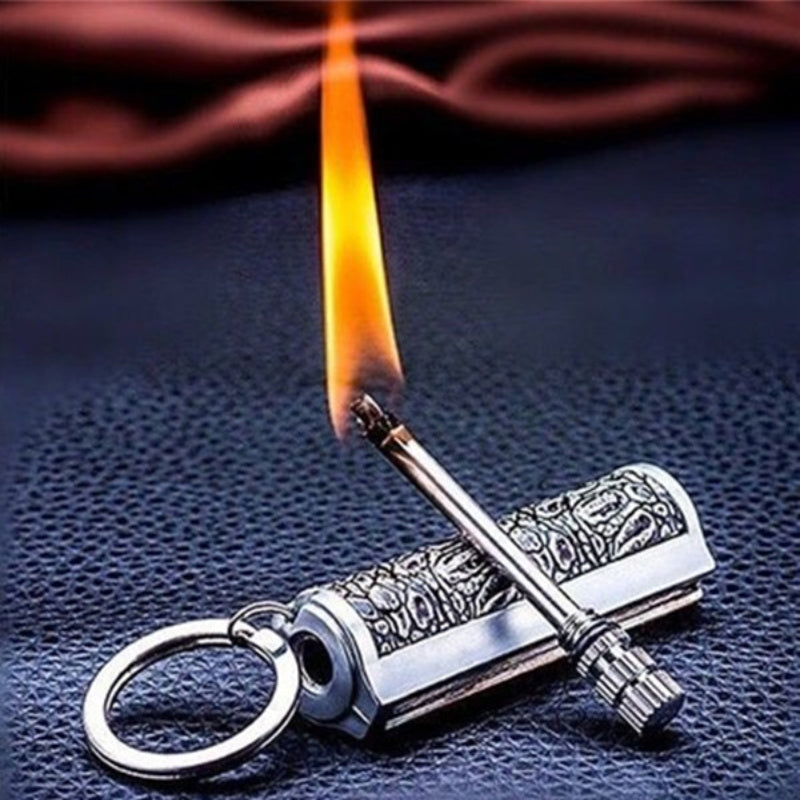 Metal Matchstick Fire Starter Keychain, Permanent Match Lighter with Decorative Textured Case for Adult Camping and Hiking Gifts, Fuel Not Included