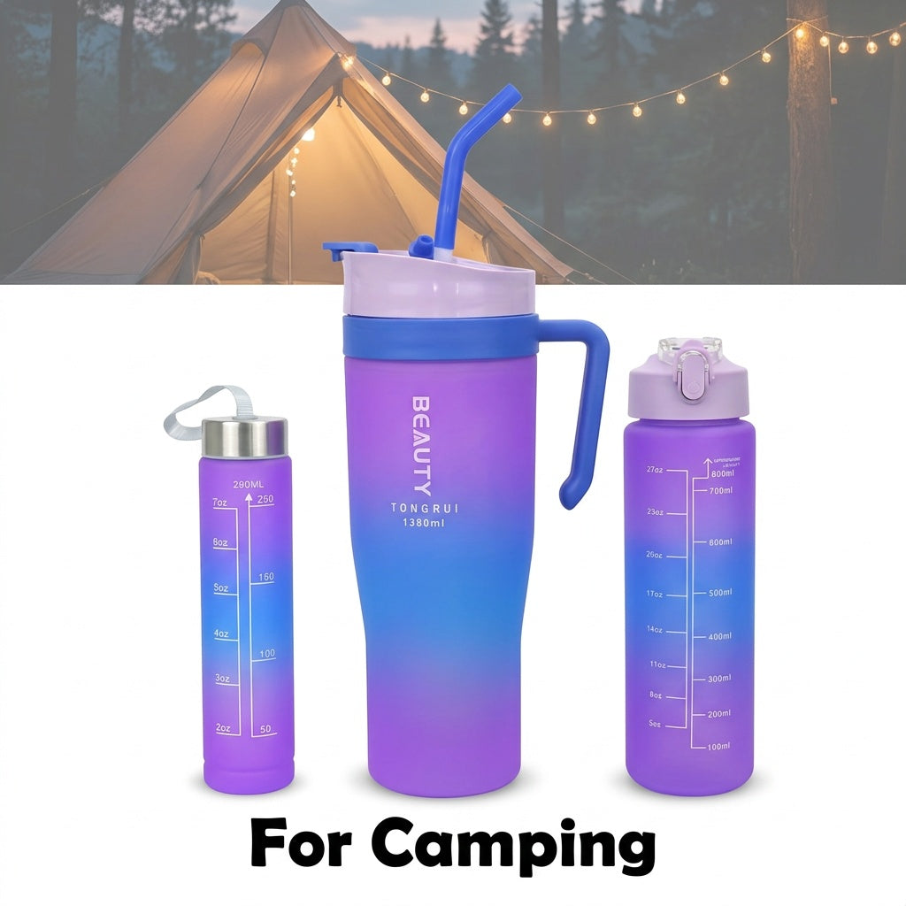Three-Size Water Bottle Set, 46 oz 27 oz and 9.5 oz Travel Drink Containers with Listed Straw Lid and Handle for Fitness, Outdoor Days and Daily Carry