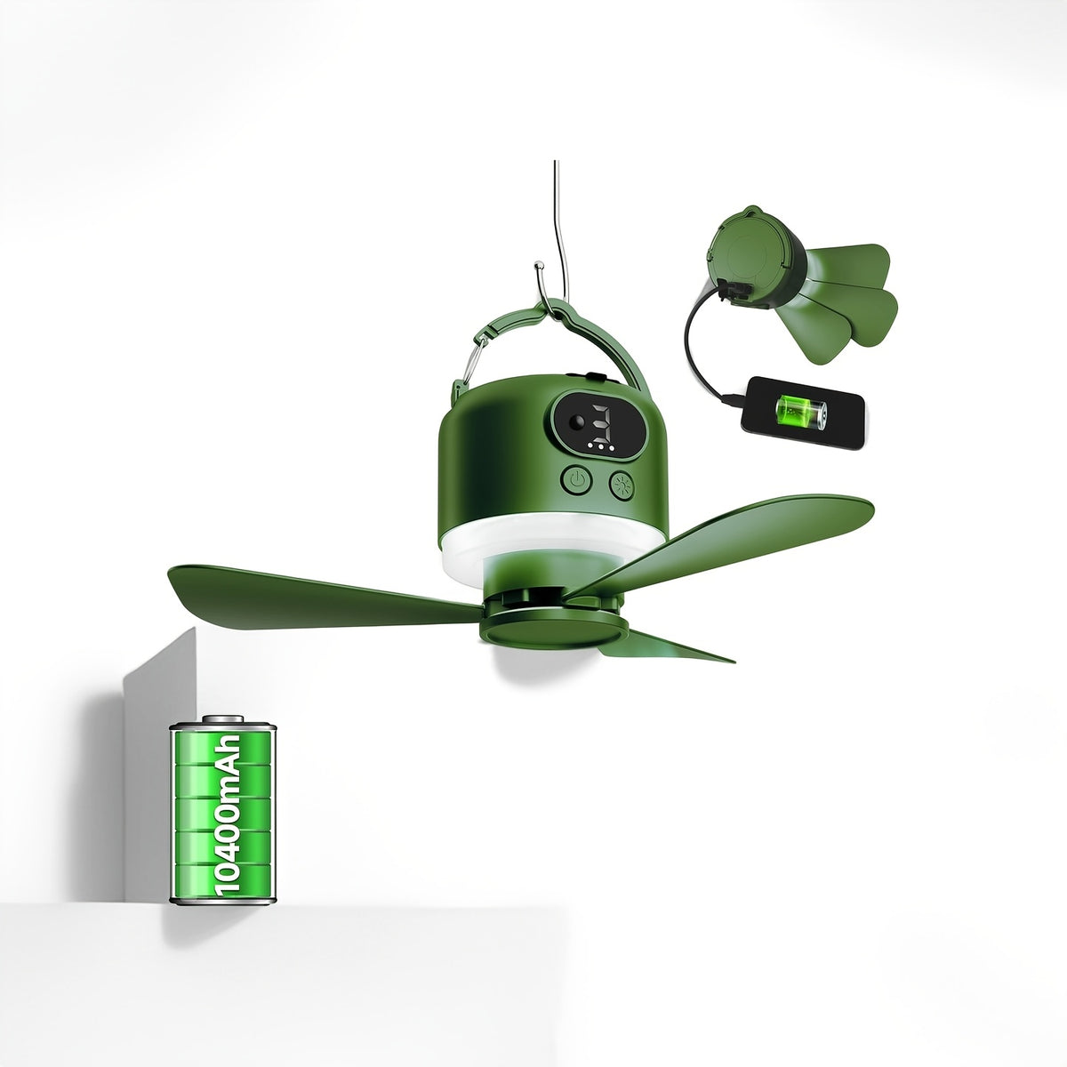 10400mAh Camping Ceiling Fan with Remote Control and LED Light, USB Rechargeable Tent Fan with Detachable Blades and Four Adjustable Speed Settings
