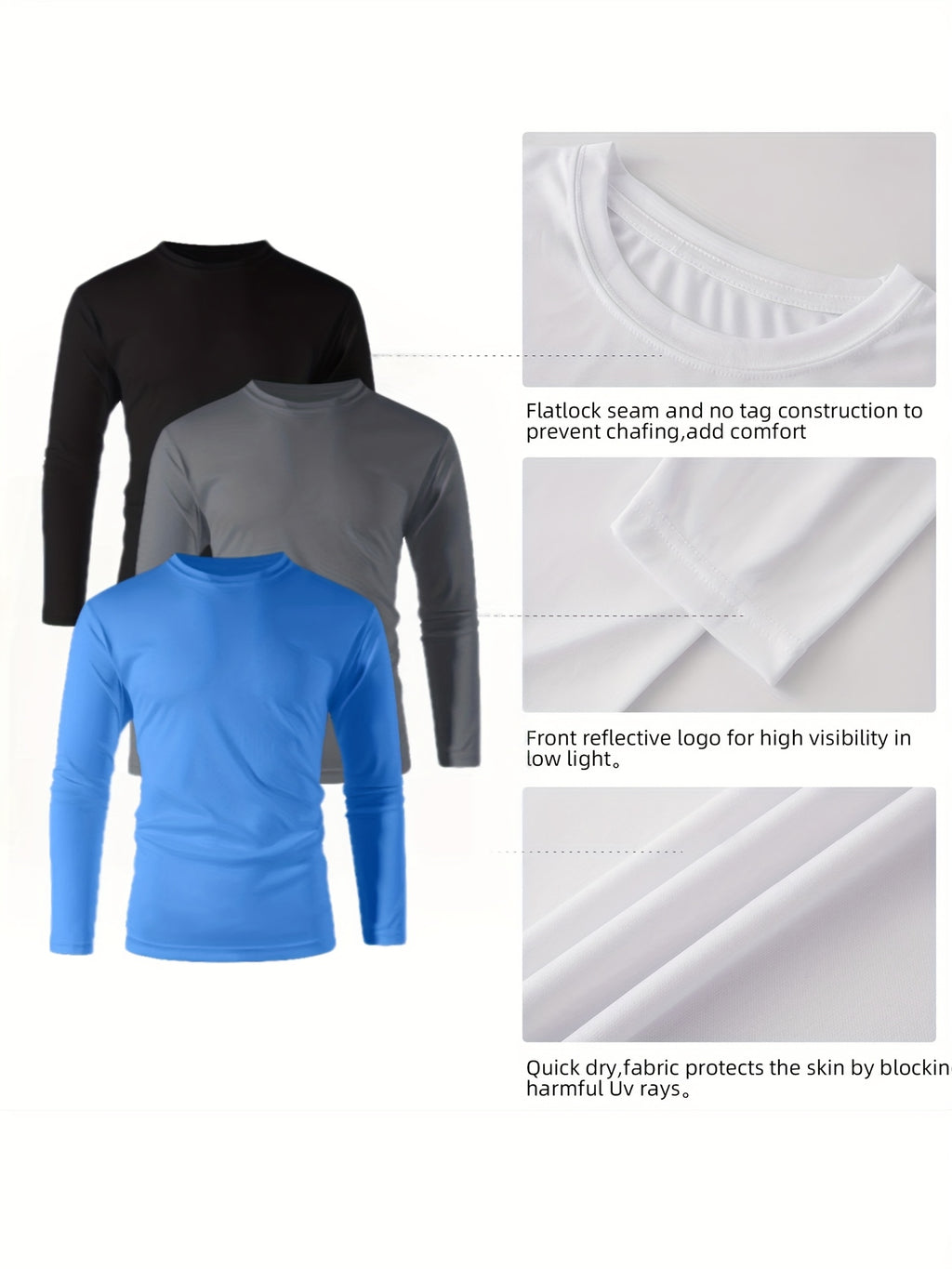 Men's UPF 50+ Quick-Dry Shirt 3-Pack, Long-Sleeve Moisture-Wicking Athletic Tops for Gym, Running, Golf and Beach Use, Mixed Colors