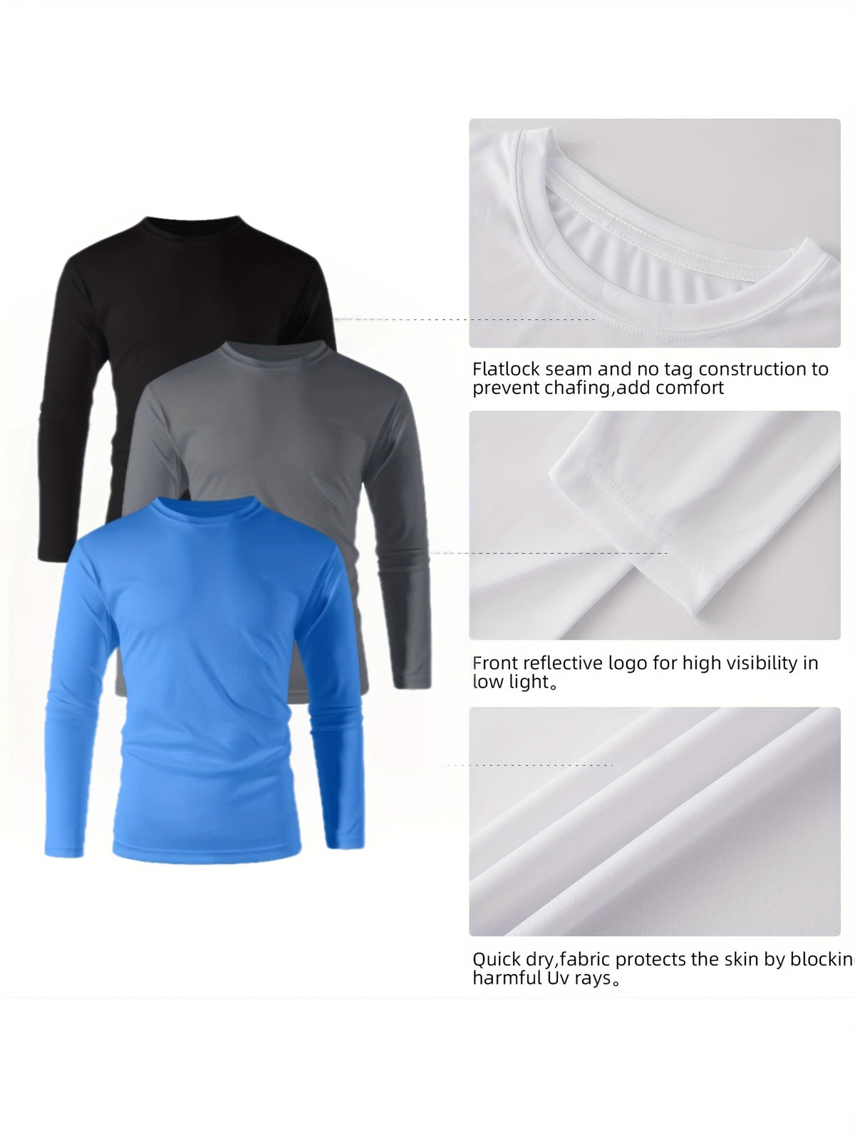 Men's UPF 50+ Quick-Dry Shirt 3-Pack, Long-Sleeve Moisture-Wicking Athletic Tops for Gym, Running, Golf and Beach Use, Mixed Colors