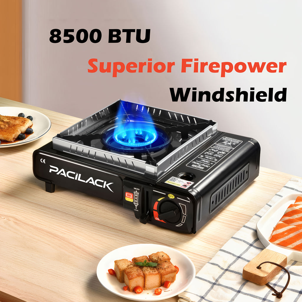 Camping Stove Set with Windshield and Carrying Case, Portable Outdoor Cooking Equipment in Black or Red for Campsite Meals and Picnic Setups