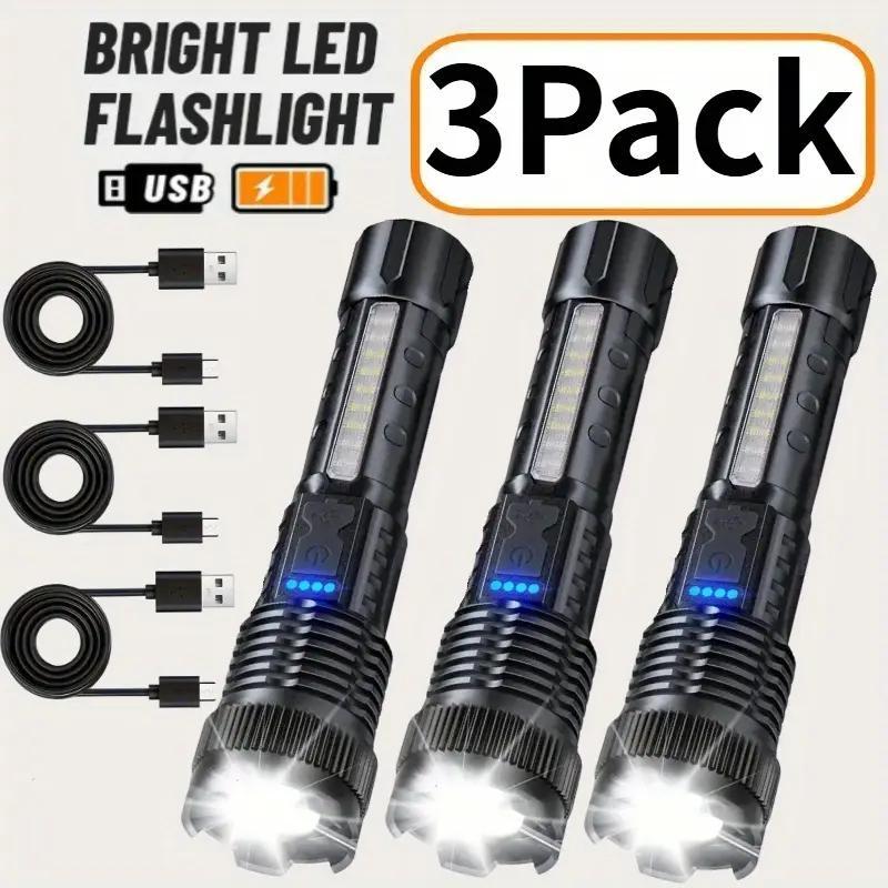 3-Pack Rechargeable LED Flashlights with Six Modes, Zoomable Beam, Clip and USB Charging Cable for Portable Outdoor and Home Lighting