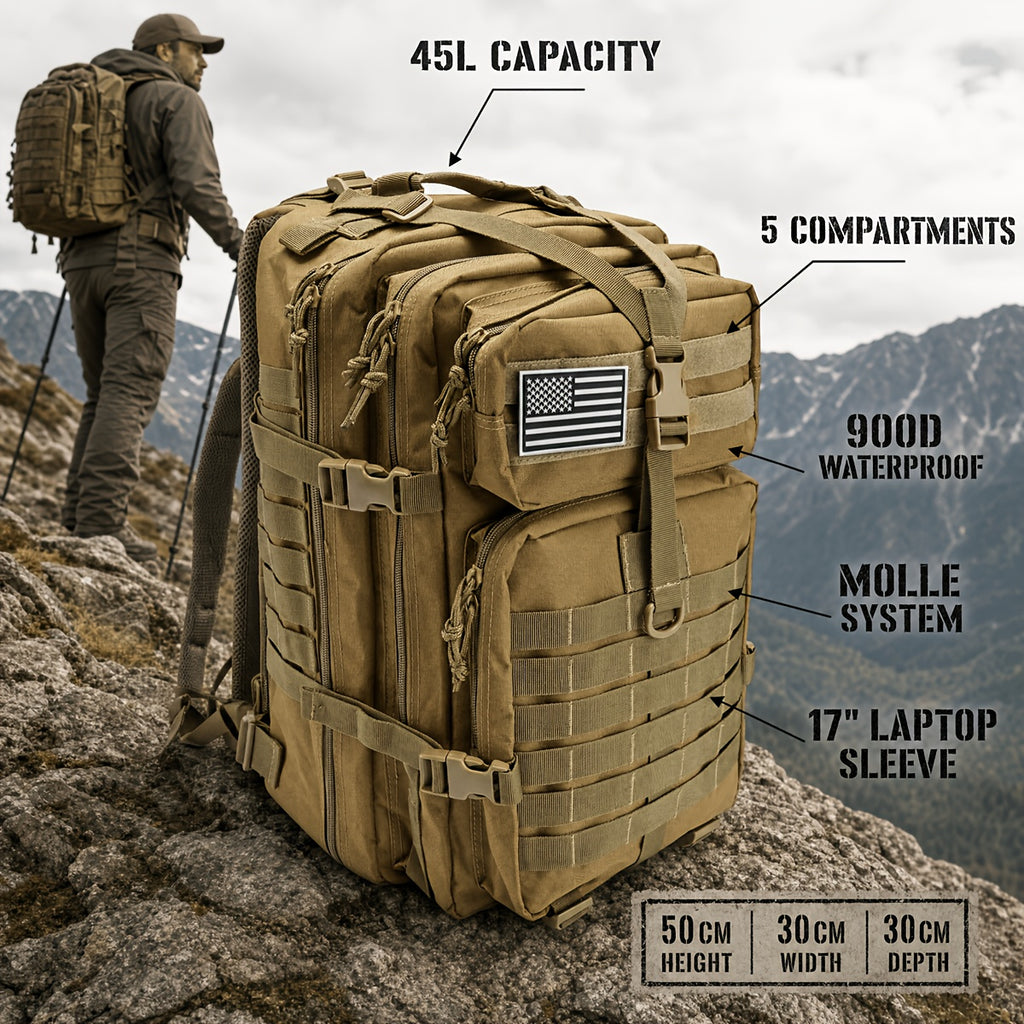 900D MOLLE Tactical Backpack with 17-Inch Laptop Compartment, Expandable 11.89-Gallon Multi-Pocket Rucksack for Hiking, Camping and Travel
