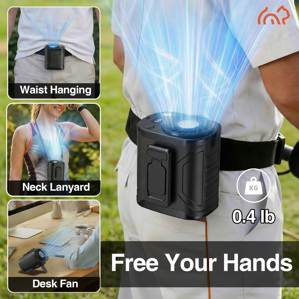 199-Speed Portable Waist Fan with 5000mAh Battery, Listed 18000 RPM Brushless Motor and LED Power Display for Camping, Fishing and Outdoor Work