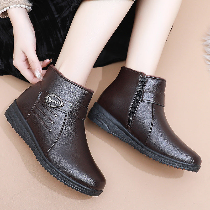 Women's Fleece-Lined Short Winter Boots with Soft Soles, Warm Everyday Footwear for Mature Women in Red, Dark Brown or Black, US Sizes 5-8