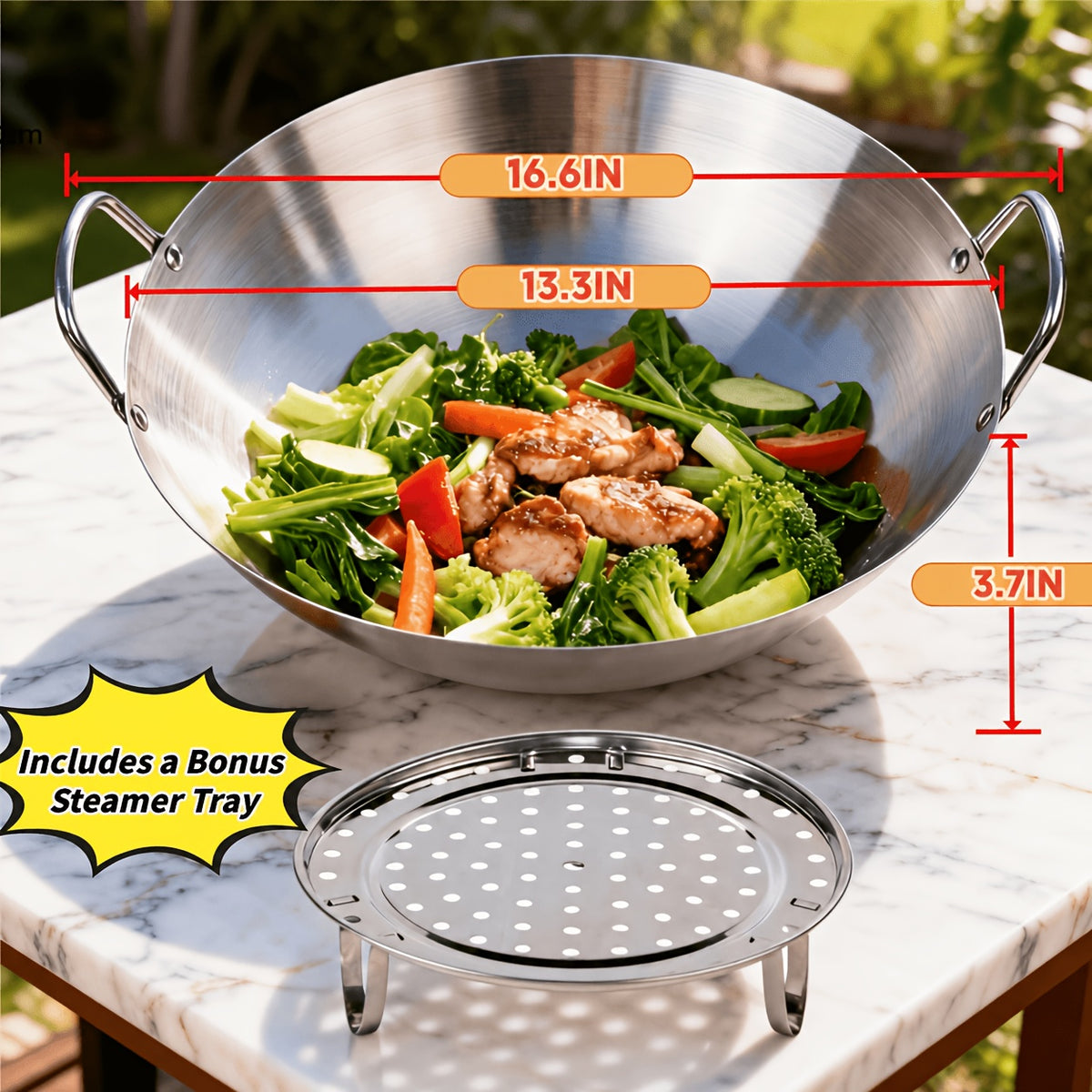 Stainless Steel Stir Fry Wok with Double Handles, Heavy-Duty Cooking Pan for Sautéing, Boiling and Braising at Home or Camping