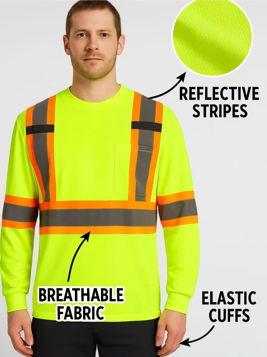 3-Pack High-Visibility Long-Sleeve Work Shirts with Reflective Stripes