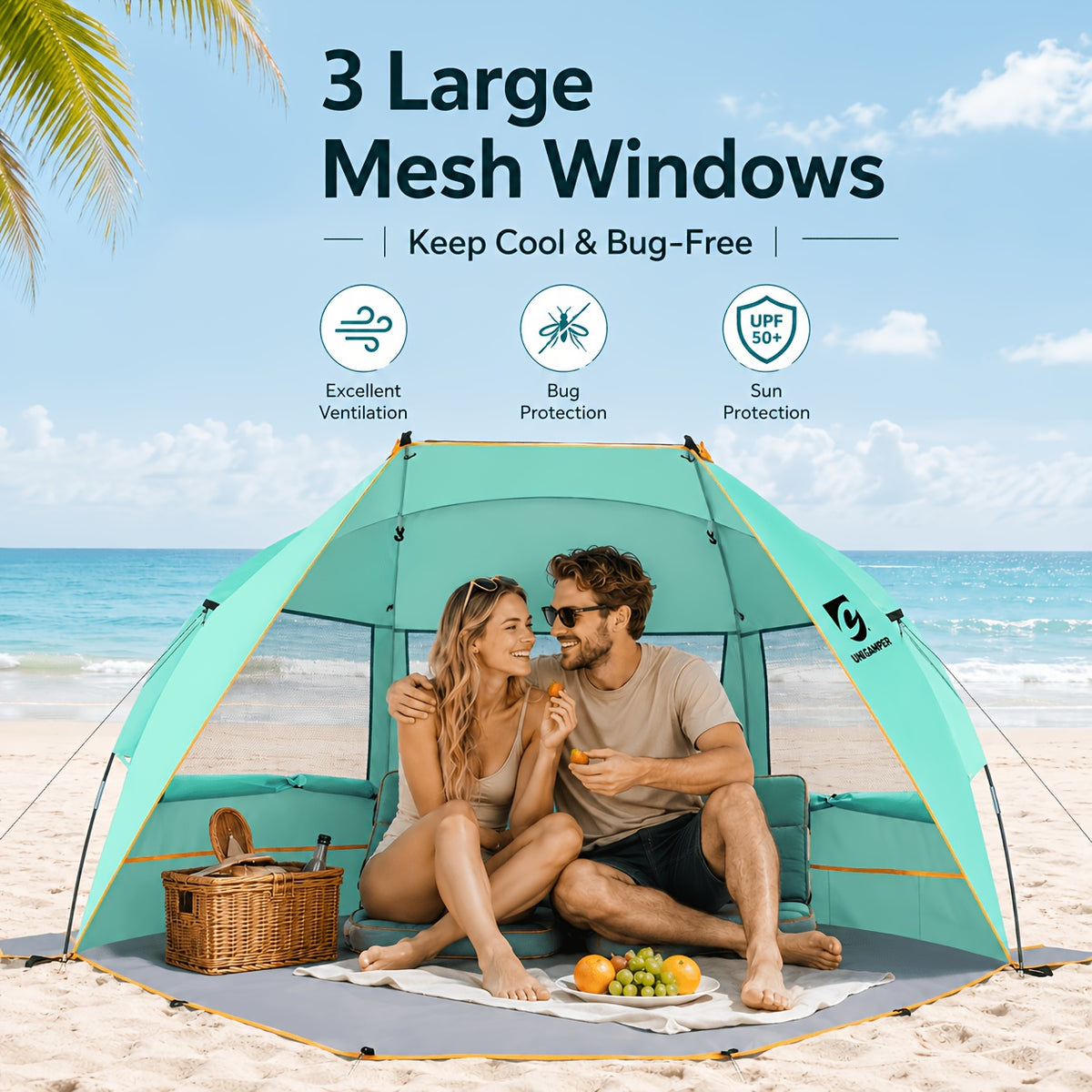 3-Person Beach Sun Shelter with UPF 50+ Fabric, Extended PE Floor and Three Mesh Roll-Up Windows, Portable 4 lb Tent for Beach Days and Outdoor Picnics