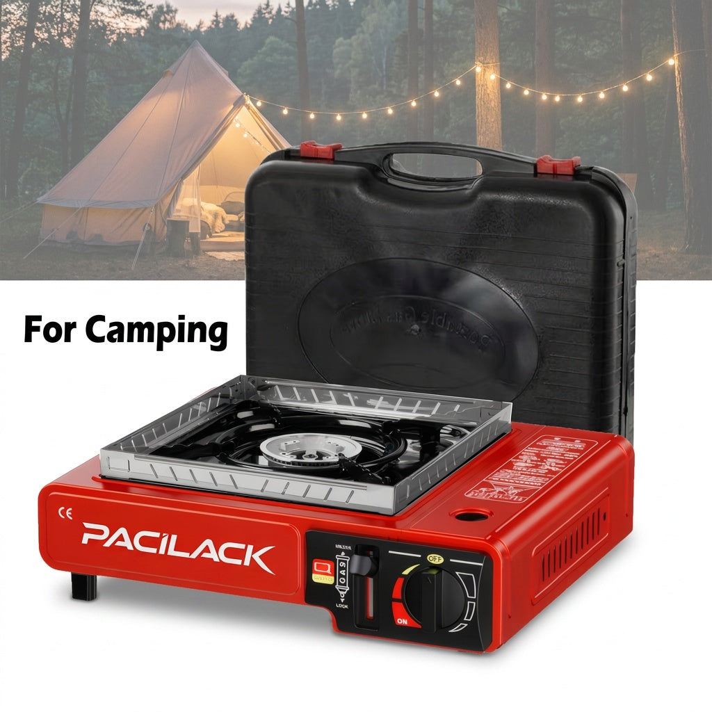 Camping Stove Set with Windshield and Carrying Case, Portable Outdoor Cooking Equipment in Black or Red for Campsite Meals and Picnic Setups