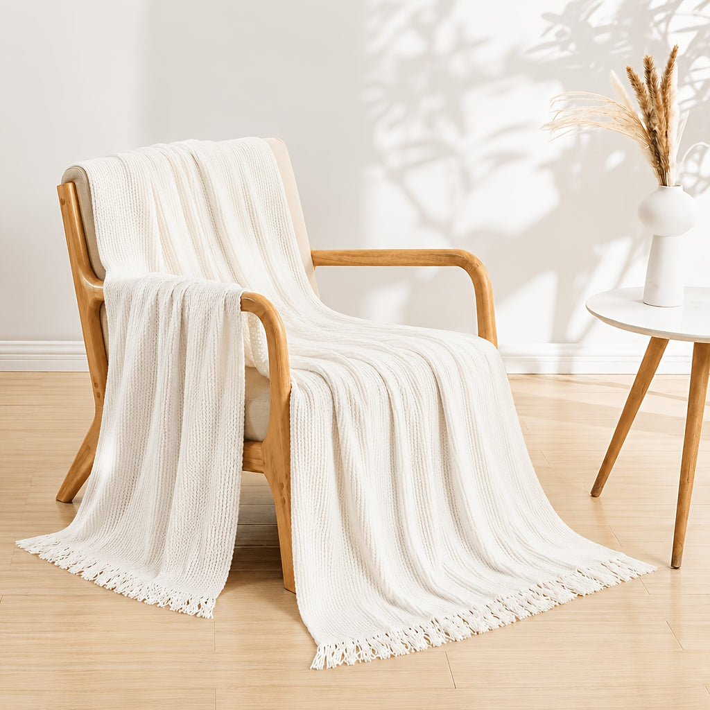 Waffle Knit Throw Blanket with Tassel Fringe for Sofa, Bed or Outdoor Lounging, Lightweight Boho Accent in Khaki, Beige and Green Options