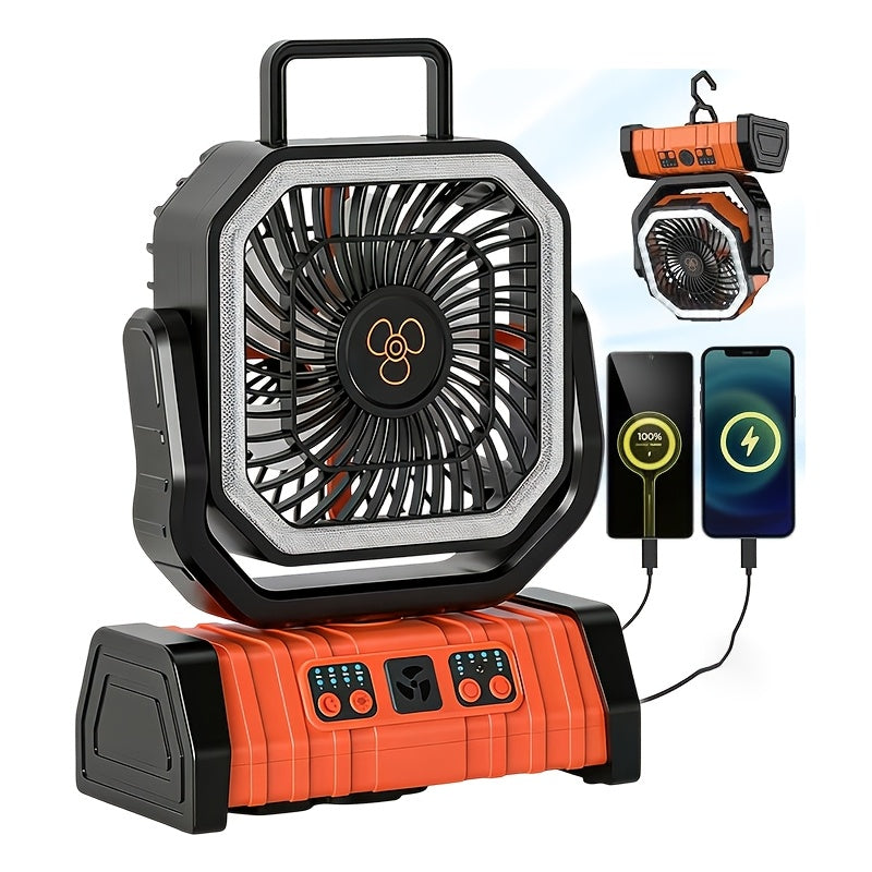 3-Speed Camping Fan Light with 270° Adjustable Head and Hidden Hanging Hook, Portable Tent Airflow and Illumination in Black Orange