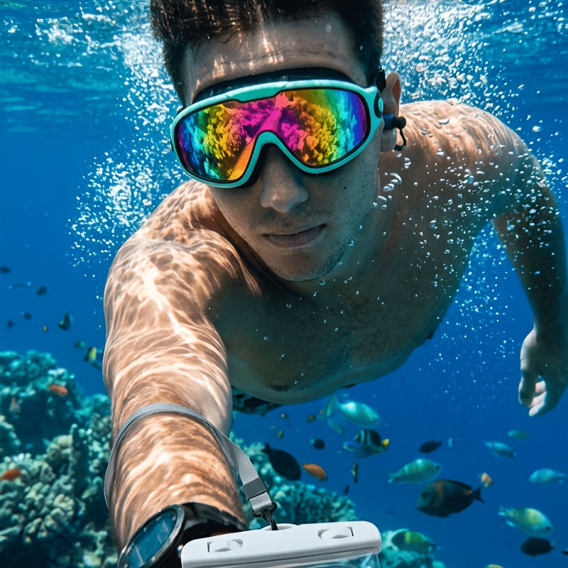 Wide-View Swimming Goggles with Mirrored Lenses, Earplugs, Nose Clip and Phone Pouch, Turquoise Blue or Lake Blue Pool and Outdoor Travel Accessory
