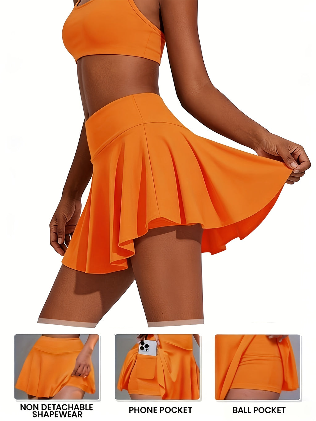 14-Inch Pleated Tennis Skorts for Women, 3-Piece High-Waist Stretch Set with Built-In Shorts, Two Inner Pockets and Side Tie Detail, S–XXL