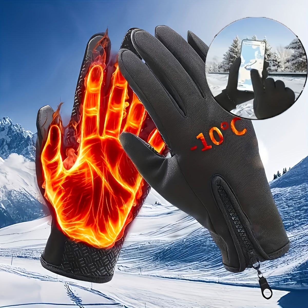 Zipper Winter Gloves for Men and Women, Thermal-Lined Touchscreen Gloves in Black Polyamide Knit for Cold-Weather Outdoor Activewear, M–XL