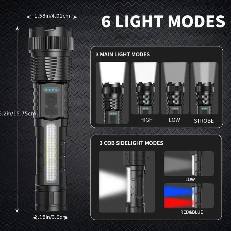 3-Pack Rechargeable LED Flashlights with Six Modes, Zoomable Beam, Clip and USB Charging Cable for Portable Outdoor and Home Lighting