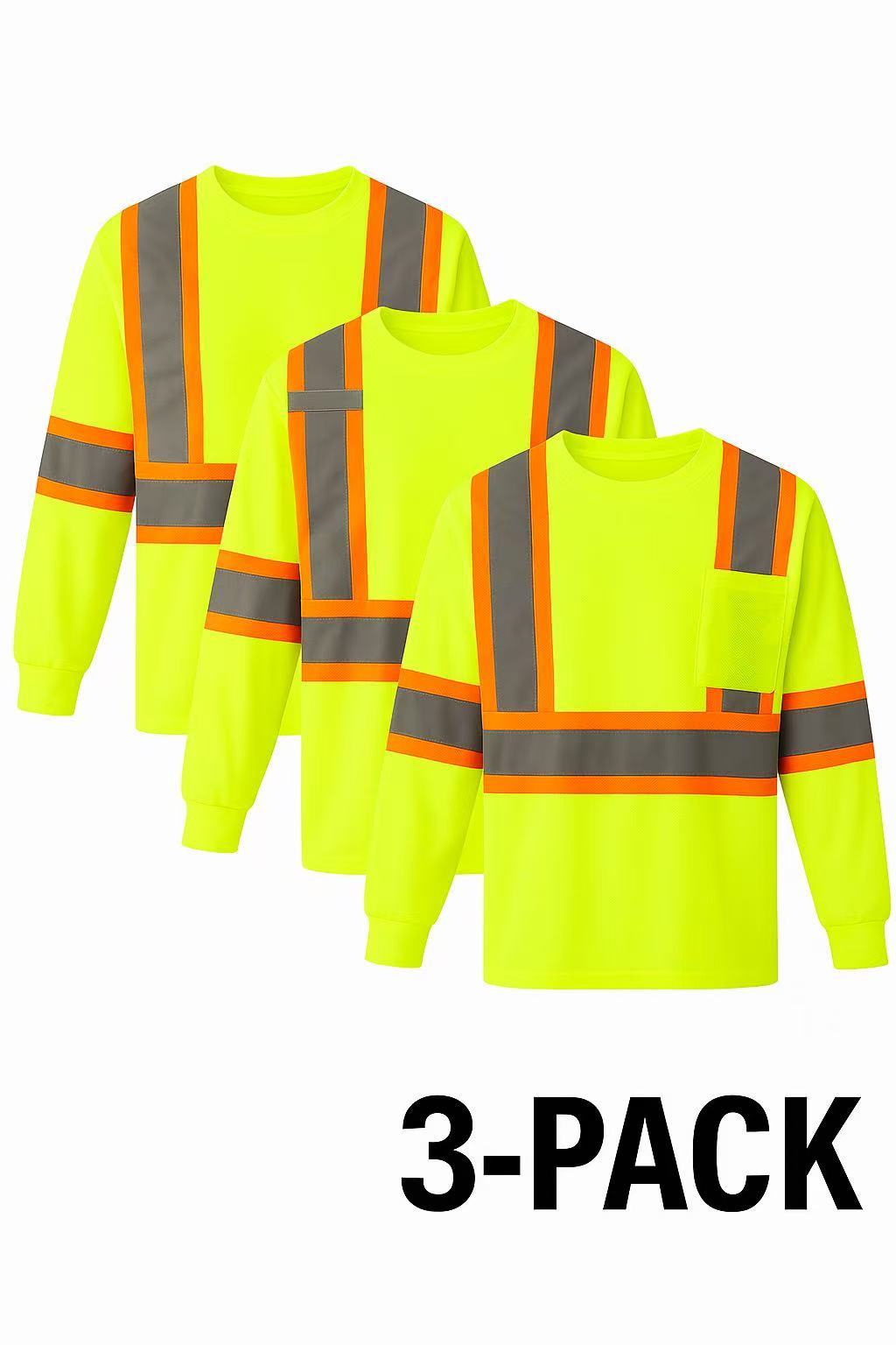 3-Pack High-Visibility Long-Sleeve Work Shirts with Reflective Stripes