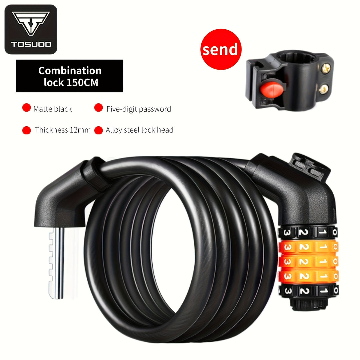 5-Digit Combination Bike Lock by TOSUOD, Coiled Cable in 49.21 or 59.06 Inch Options for Bicycles, Scooters and Motorcycle Parking