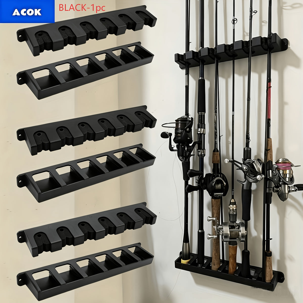 Black Fishing Rod Wall Holder with Foam Grip Sections, Multi-Slot Pole Storage Organizer for Garage and Fishing Gear, Listed 1pc Option